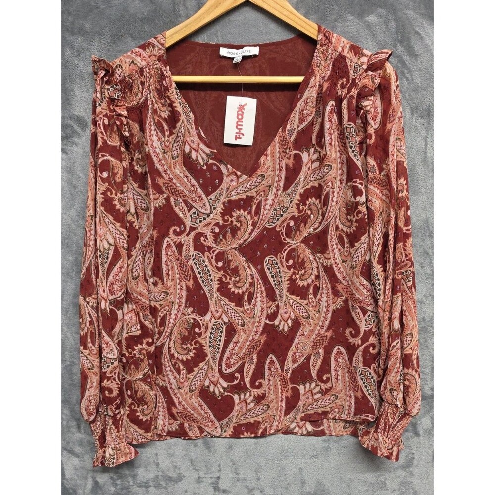 Rose & Olive Rust Paisley V-Neck Smocked Blouse Sz Lg